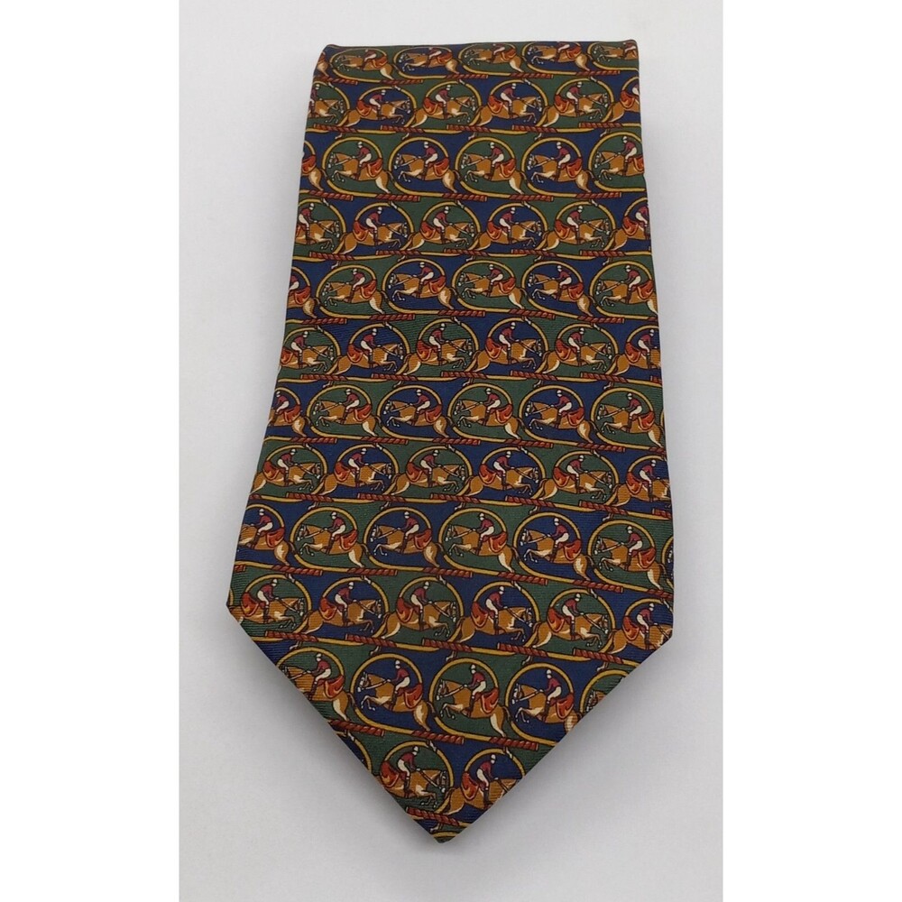 Paul Fredrick Silk Necktie. Multicolor Men's Tie Horse & Jockey. USA  58" x 4"